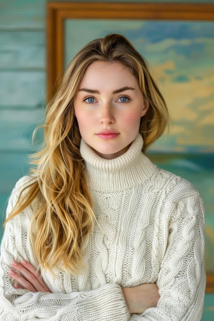 Молодая блондинка в уютном белом свитере с воротником уверенно позирует в художественном домашнем интерьере