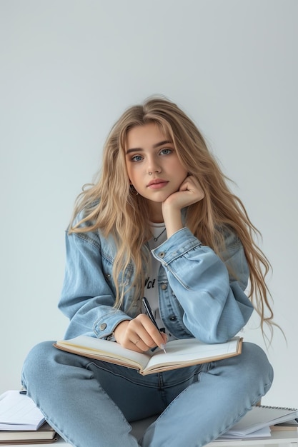 Photo young blonde woman denim outfit writing in notebook educational or creative concept application