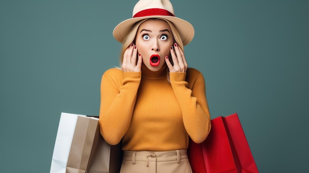 Young blonde woman holding shopping bags and shocked with big sale store discount