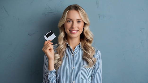 Young blonde woman over isolated wall holding a credit card