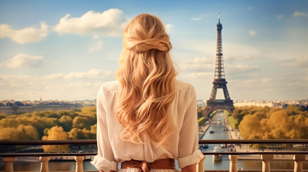 Молодая блондинка смотрит на Эйфелеву башню в Париже, Франция