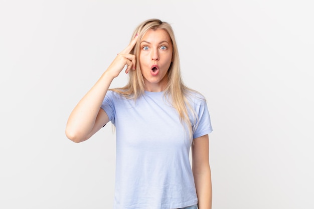 Young blonde woman looking surprised, realizing a new thought, idea or concept