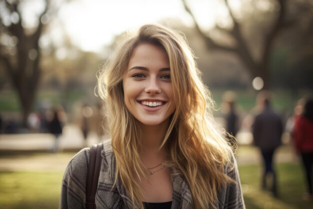 Young blonde woman smiling at the park