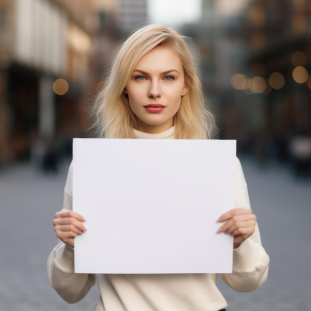 Young blonde woman in a street holding a blank billboard for a message