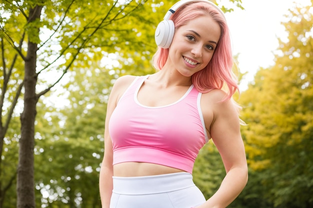 Young blonde woman wearing sportswear listening to music at park