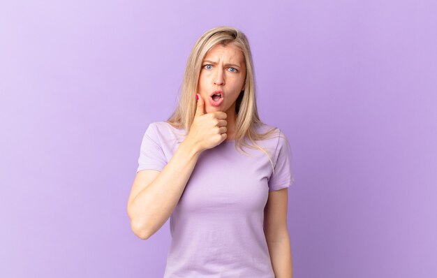 Young blonde woman with mouth and eyes wide open and hand on chin