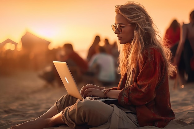 ビーチでの日没中にラップトップに取り組む若いブロンドの女性自由デジタル遊牧民旅行の仕事