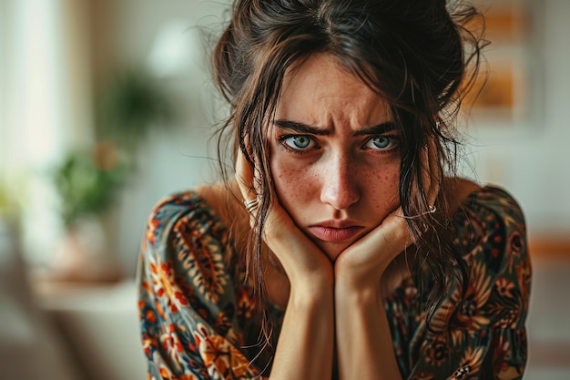 Young blue eyed freckled brunette colorful blouse sad and suffering holding her face with her han