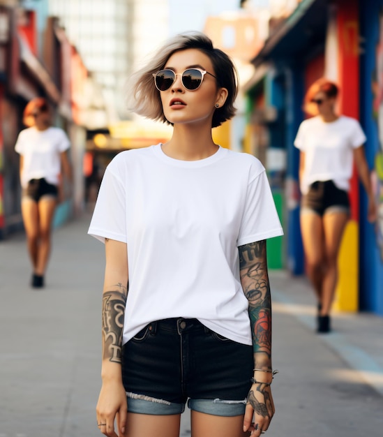 빈 흰색 티셔츠 모형과 복사 공간이 있는 선글라스를 착용하고 서 있는 젊은 보헤미안 세련된 여성