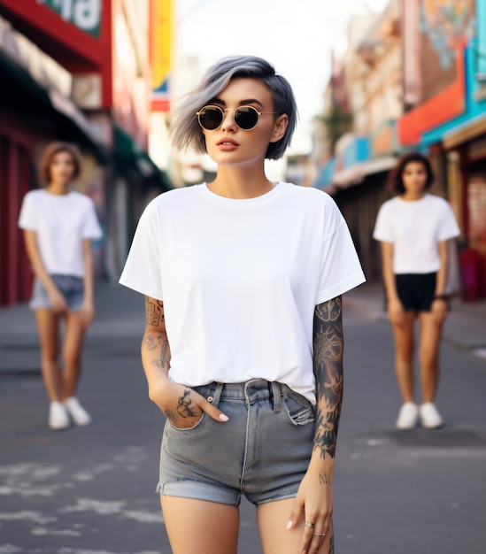 Young boho Stylish woman standing wearing blank white tshirt mockup and sunglasses with copy space