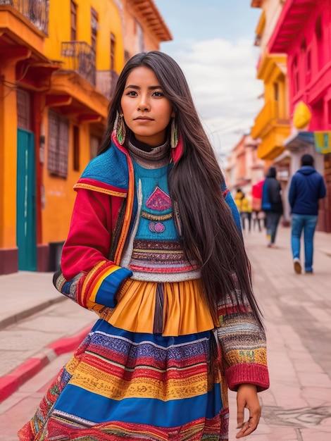 young Bolivian woman with long hair and typical clothes