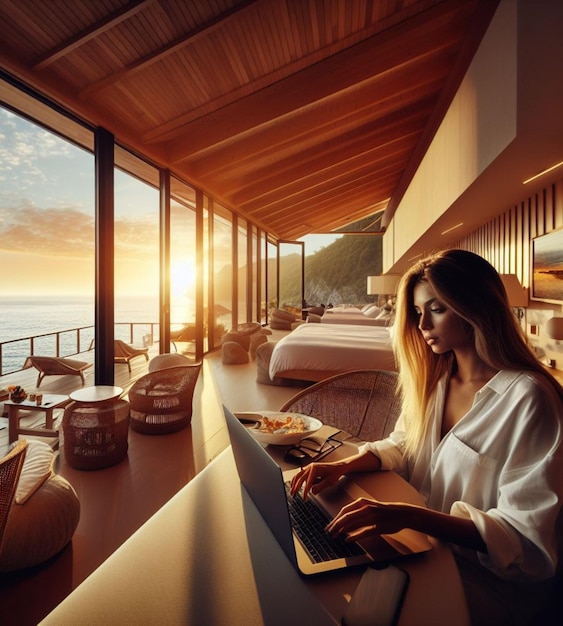 young boss manager trader woman remote work laptop luxury suite early morning sea view panorama