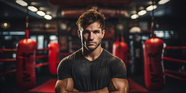 A young boxer confidently poses in the gym after intense training Concept Athletics Gym Boxing Confidence Training