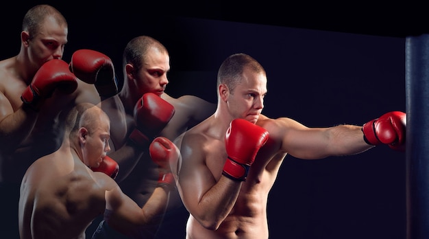 Young boxer in red gloves boxing over black background. Collage