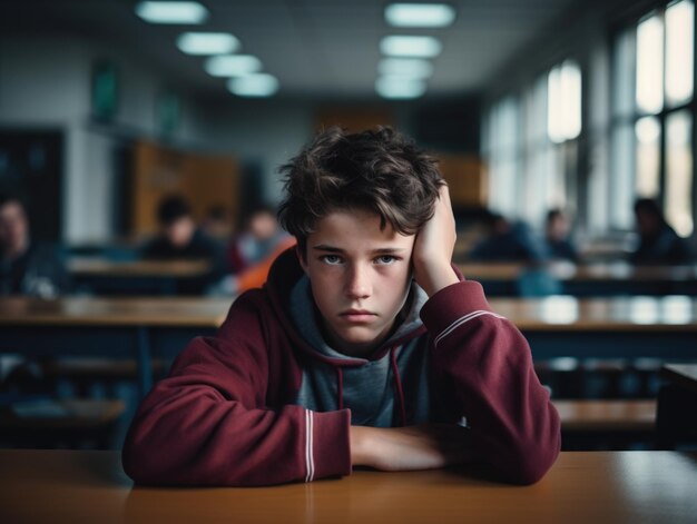 A young boy appears troubled in a classroom setting