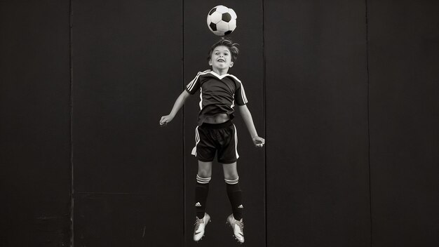 Young boy as a soccer or football player on dark wall