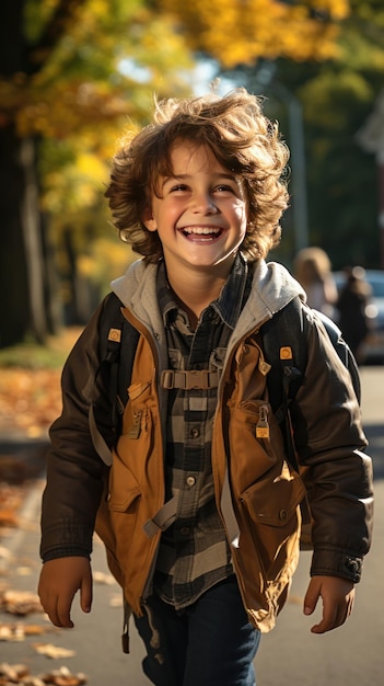 Мальчик с рюкзаком выходит из школьного автобуса и идет по улице Создано с помощью генеративного ИИ