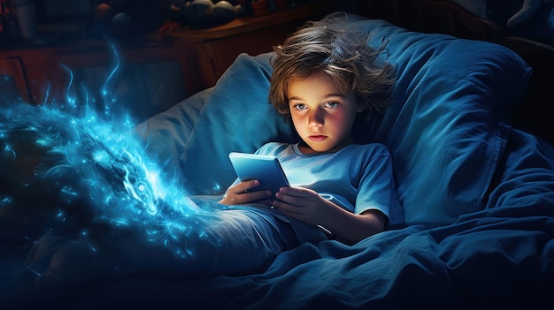 Young Boy on Bed with Phone