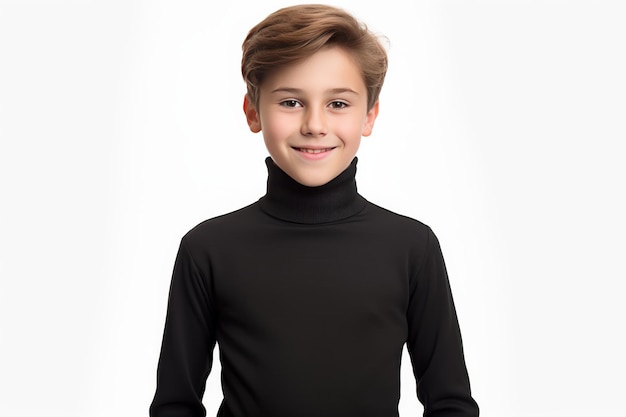 색 또는 은 표면에 검은색 거북이 목 스웨터를 입은 어린 소년 PNG 투명한 배경