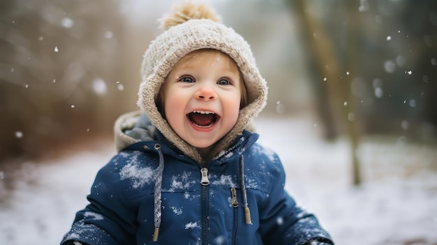 A young boy in a blue jacket and hat enjoying the snowy weather