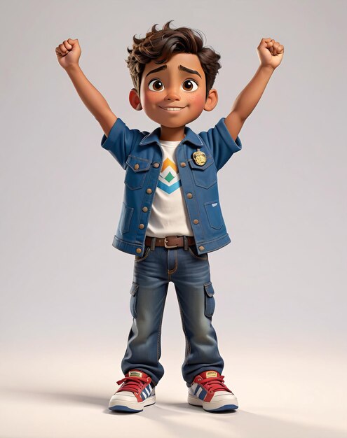 a young boy in a blue jacket and jeans standing with his arms raised up