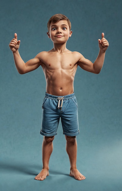 Photo a young boy in a blue shorts and a white shirt is standing with his hands up