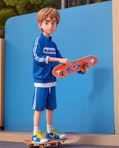 a young boy in a blue soccer jersey holding a skateboard.