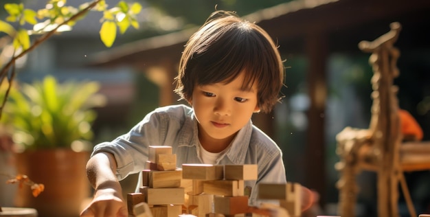 Young boy building a tall tower with wooden blocks