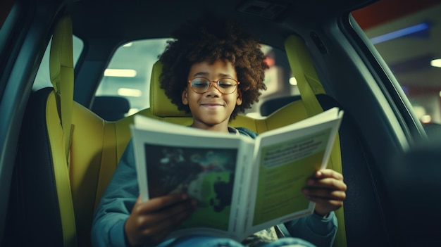 Young boy in a car reads a book