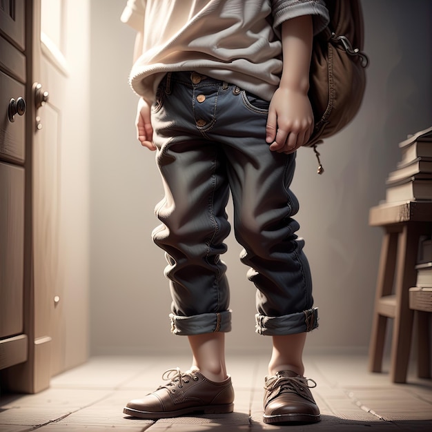 young boy in casual clothes with a backpacklittle girl wearing stylish jeansboy in jeans and backpac