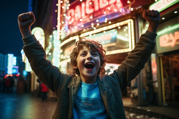 Young Boy Celebrating His Victory by the Neon Sign Generative By Ai