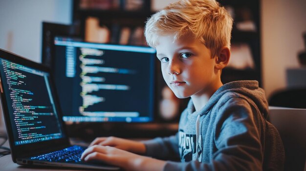 家 の 環境 で コンピューター で プログラミング する 少年