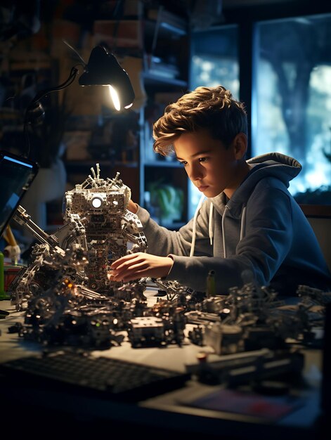 A Young Boy Coding a Robot With Worn Electronics Innovative Digital Native Gen Alpha Poor Concept