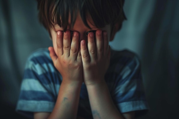 a young boy covers his face with his hands