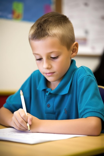 Young boy doing homework at his desk in a school classroom created with generative ai