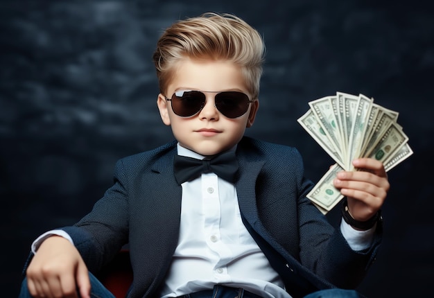 Photo a young boy dressed in a business suit confidently holds a stack of money generative ai