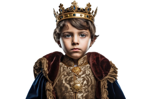 A young boy dressed in a costume and wearing a crown This image can be used for Halloween parties or costumethemed events