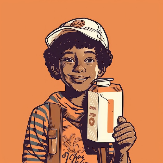 Мальчик пьет молоко карикатура иллюстрации с генеративным ИИ