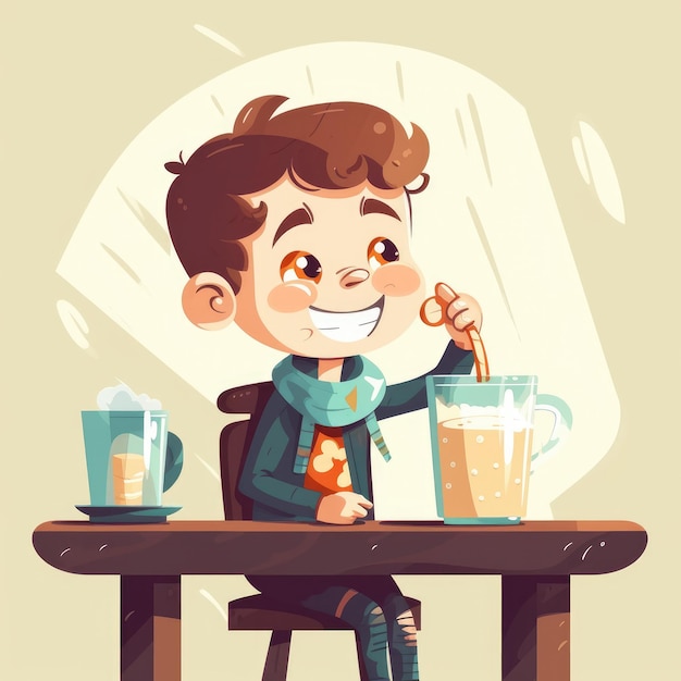 Young boy drinking milk cartoon illustration with generative ai