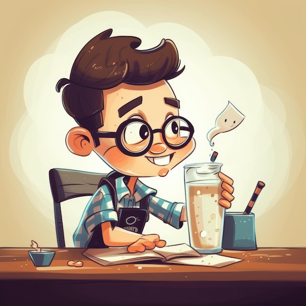 Young boy drinking milk cartoon illustration with generative ai