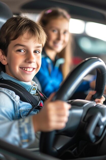 a young boy driving a car with a woman behind him