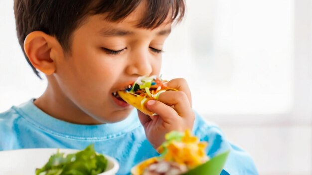 Photo a young boy eating food with a bowl of food in the background