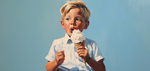 Young boy eating ice cream on a blue background