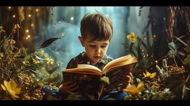 Фото Мальчик, увлеченный чтением книги в лесу, отмечающий всемирный день книги