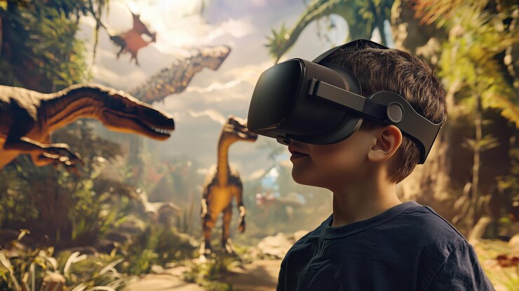 Photo young boy enjoys vr adventure in nature