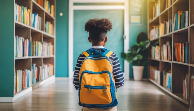 young boy enters a classroom colorful backpack slung over his shoulder ready for the new school ye