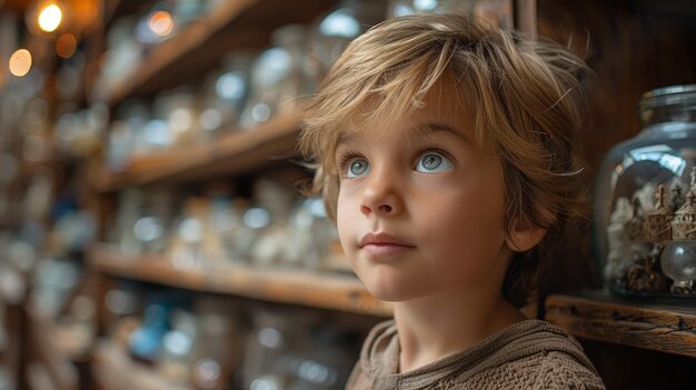 Young Boy Examining Shelf of Glass Jars