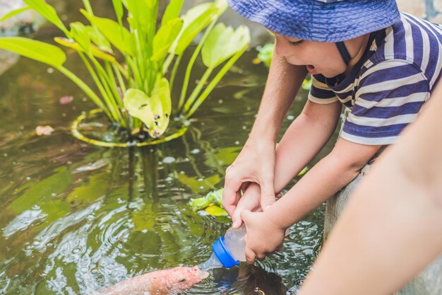 Young boy feeding Koi fish with milk bottle