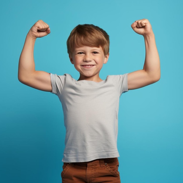 a young boy flexing his muscles against a blue background