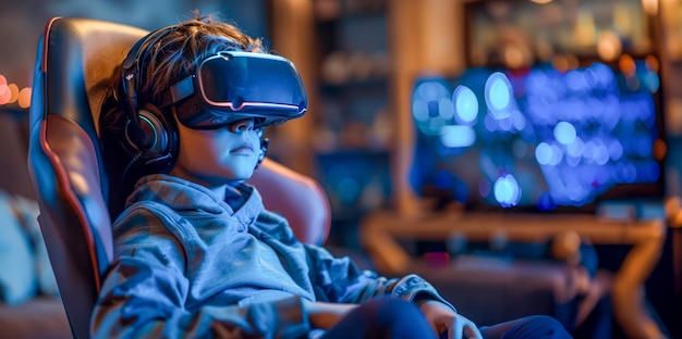 Young boy focused on gaming with headphones